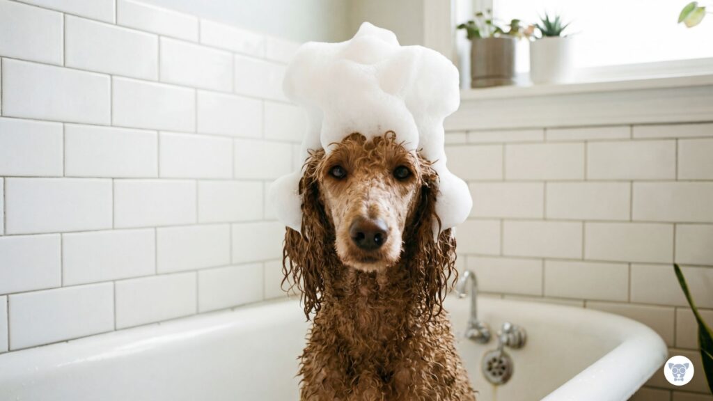 cachorro recebendo banho terapêutico com água ozonizada em ambiente clínico moderno